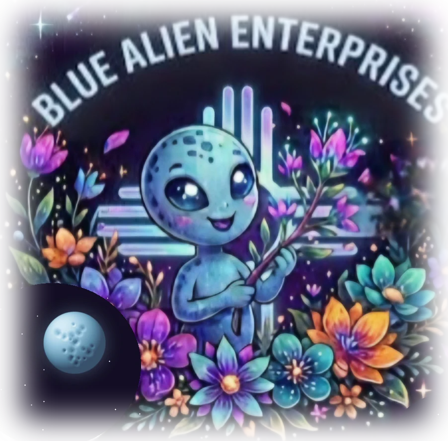 Blue Alien Enterprises emblem: a friendly blue alien holding a flowering branch, surrounded by cosmic blooms